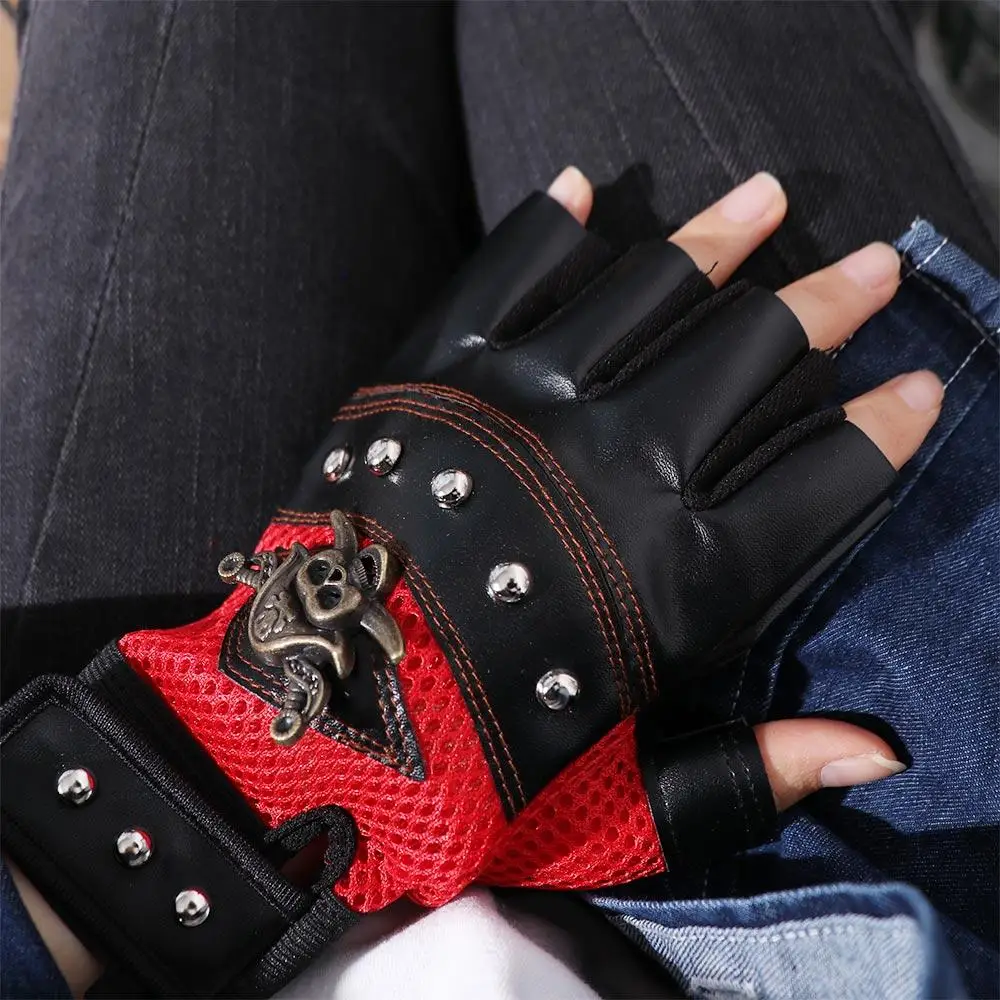 Driving Biker Fingerless PU Leather Anti-slip Punk Half Finger Gloves Cycling Gloves Skulls Gloves Motorcycle Gloves