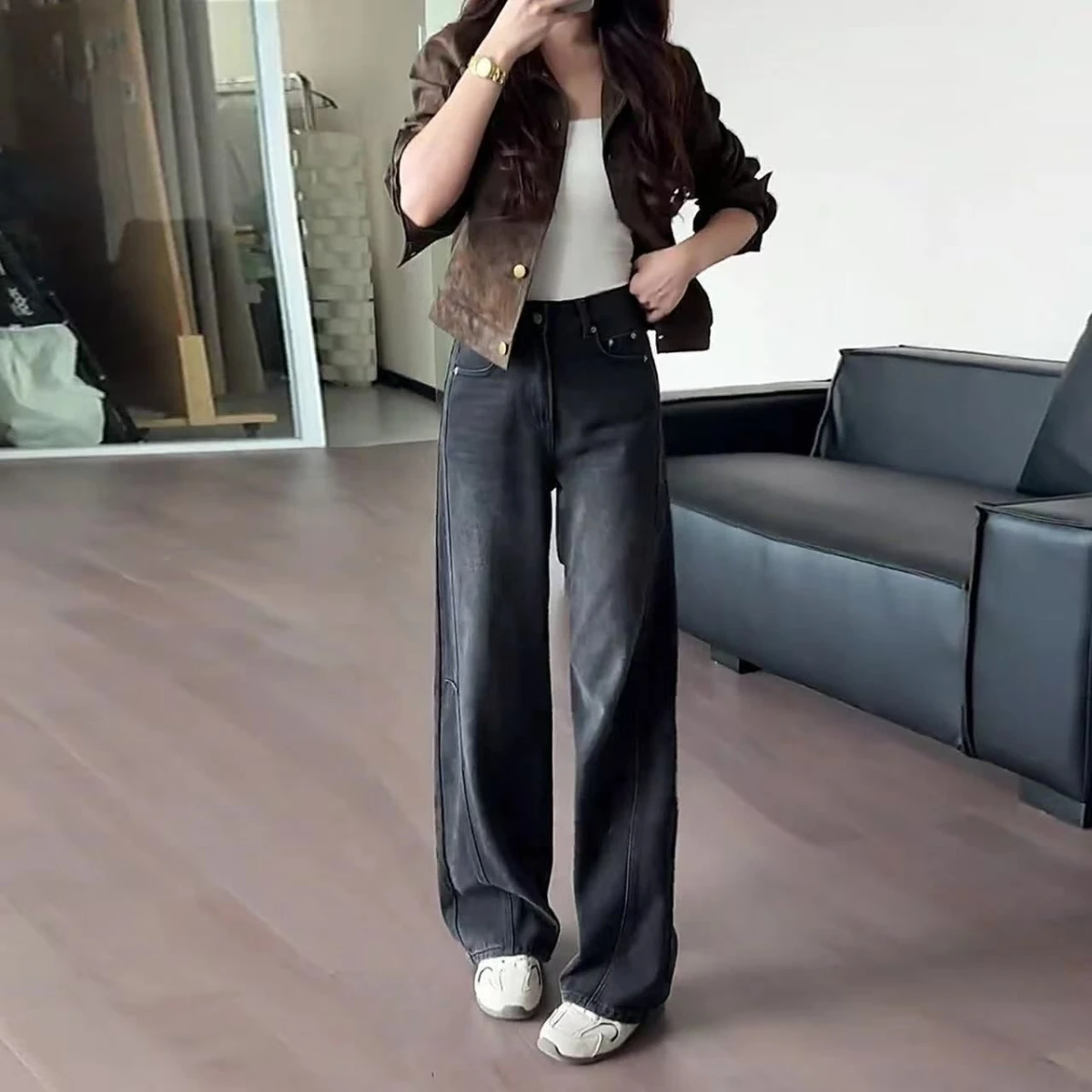

High Waist Straight Leg Jeans Women's plus Size Slimming High Waist Denim Pants Autumn New Sle Bla ey Casual Cotton Blend