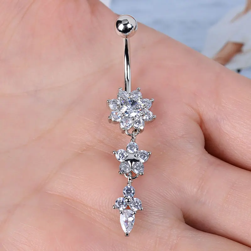 Belly Button Rings Stainless Steel Butterfly Wing Flower Zircon Dangle for Women Belly Navel Rings Body Belly Piercing Jewelry
