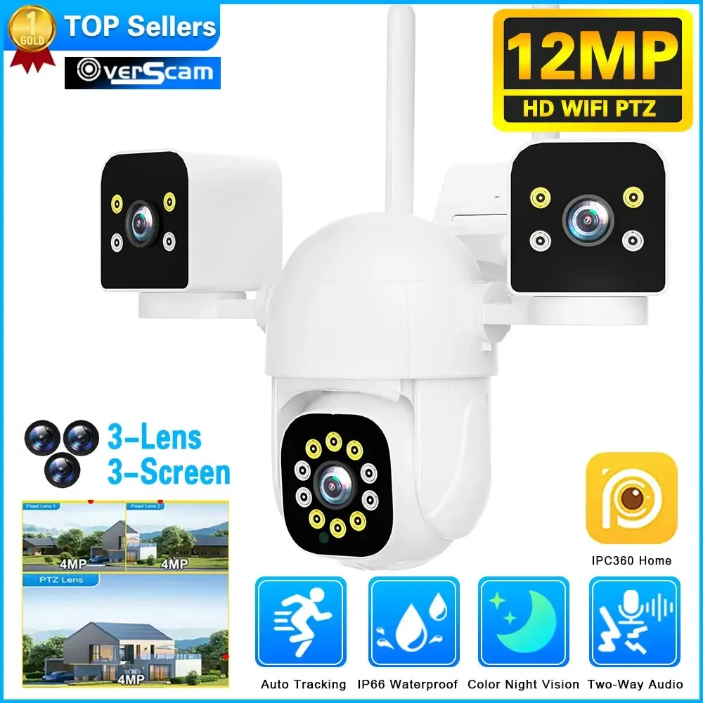 

6K 12MP 3 Lens 3 Screens WiFi Outdoor Camera Ai Motion Tracking PTZ 4K Video Camera Security surveillance Camera IPC360 Home