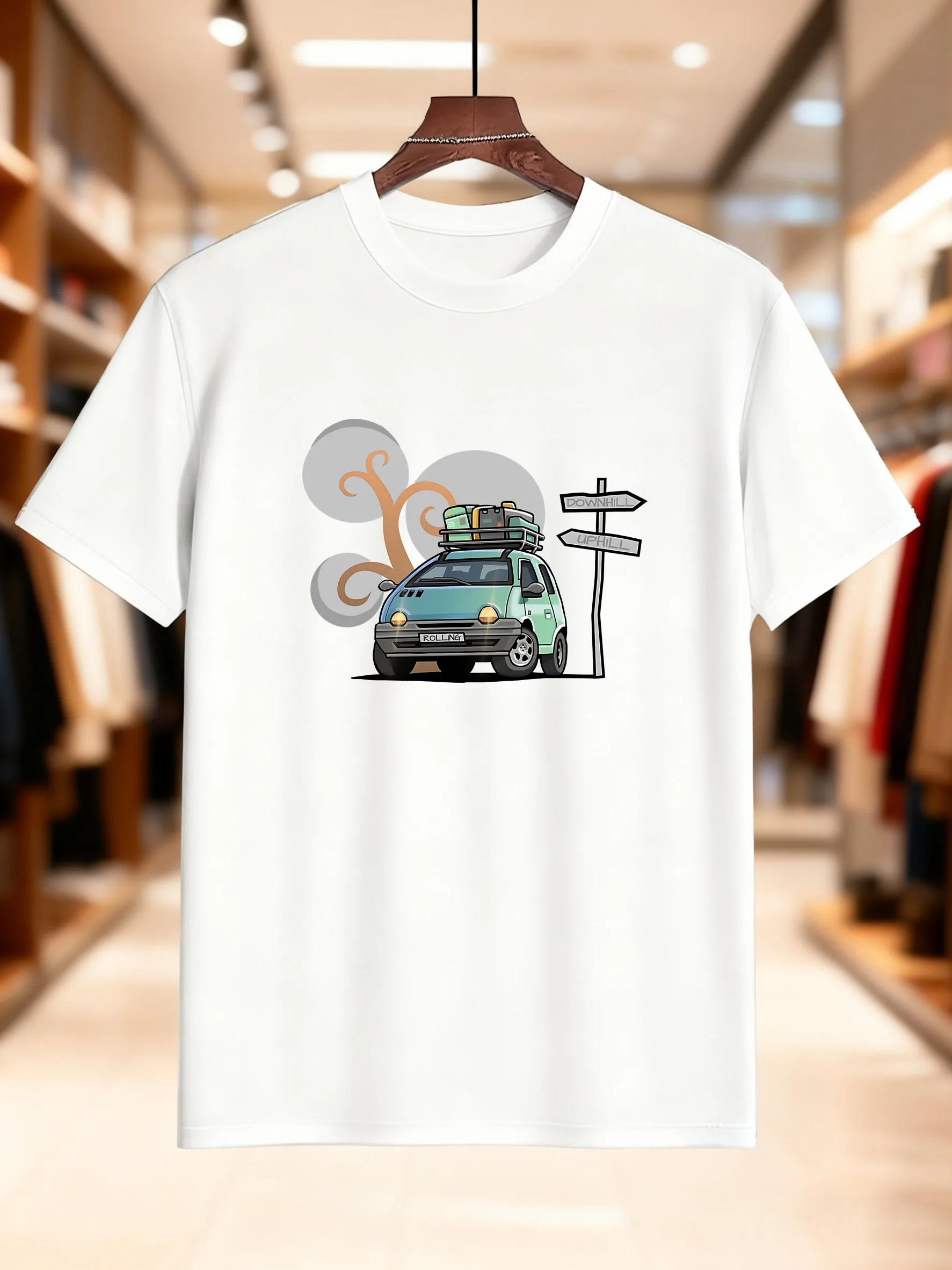 Nowa Kolekcja Męska Koszulka Bawełniana z Nadrukiem Samochodu Oddychająca Wygodna Casualowa Modna Niezbędna na Podróże i Wakacje W