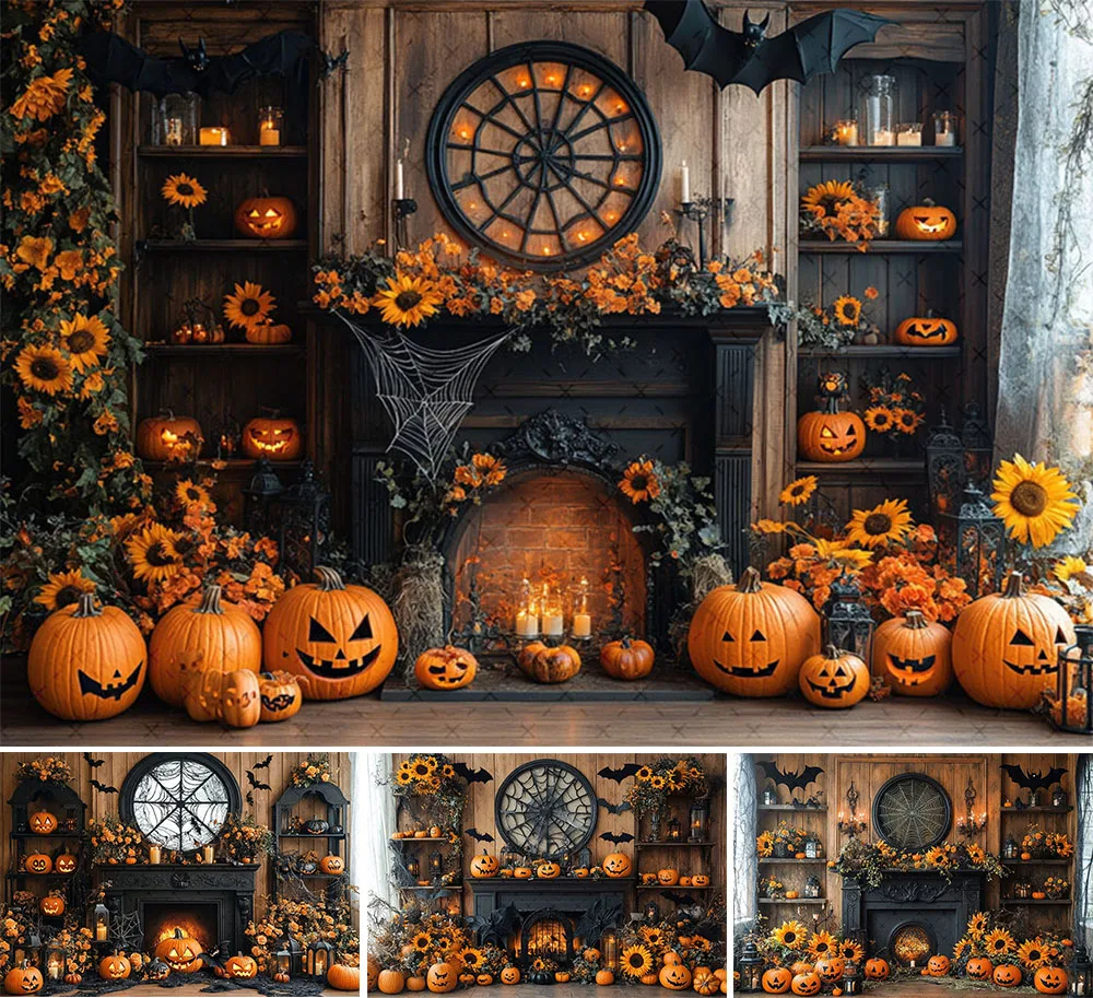 

Mehofond Photography Background Halloween Fireplace Creepy Scary Bat Pumpkin Kdis Birthday Portrait Decor Backdrop Photo Studio