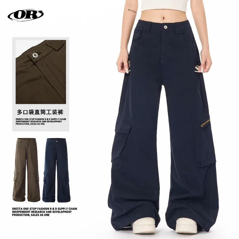 

OR FL American Retro Staraight 100 Cotton Women Cargo Trousers High Street Trendy Brand Slacks Women's Baggy Wide Leg Pants Y2k