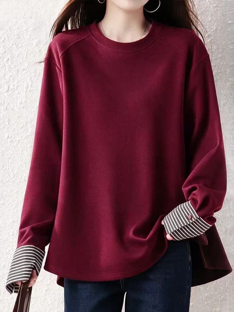 plus Size Fashionable Korean Style Long Sleeve round Neck Top for Plump Women Loose Fit Versatile Early Autumn Essential