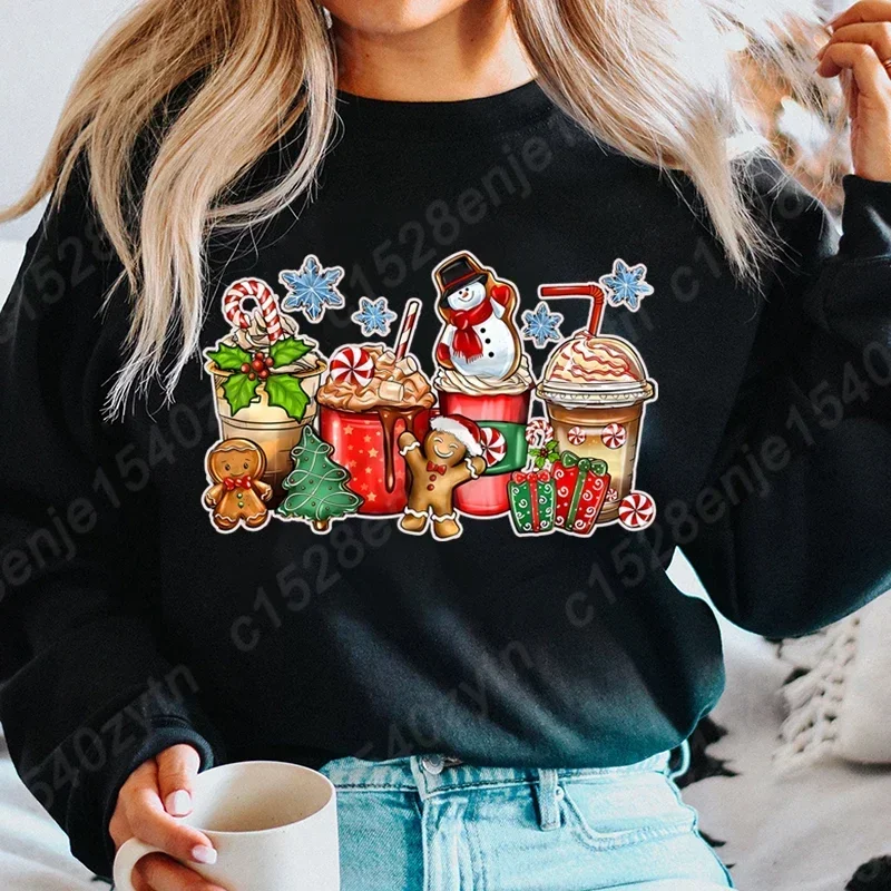 Festive Christmas Beverage Print Casual Fashion Women\'s Long Sleeve Crew Neck Sweatshirt Vintage Style Holiday Top for Ladies