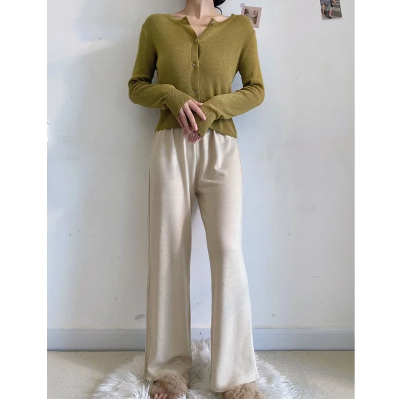 

Retro Draped Knitted Wide Leg Pants Casual Loose Women's Soft Style Long Lazy Straight Cut Trousers High Waist Casual Pants