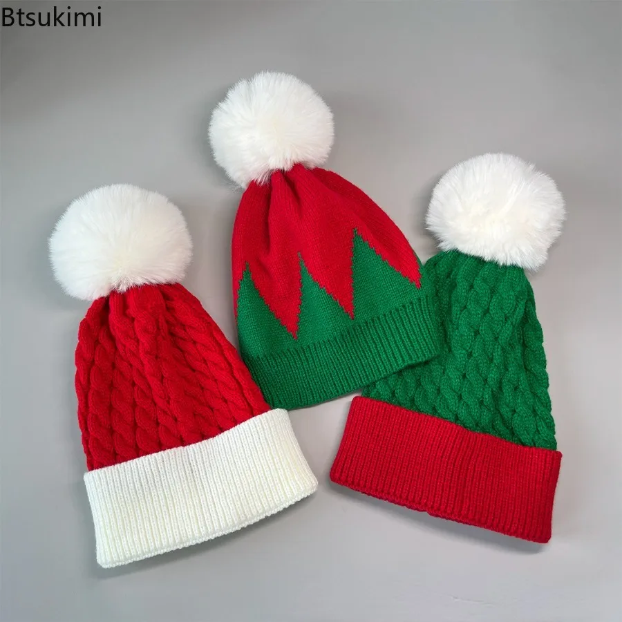 

2026 Winter Christmas Fur Pom Poms Thick Hats for Adult and Child Knitted Beanies Hat Santa Claus Cap for Bells Baby Xma Gifts