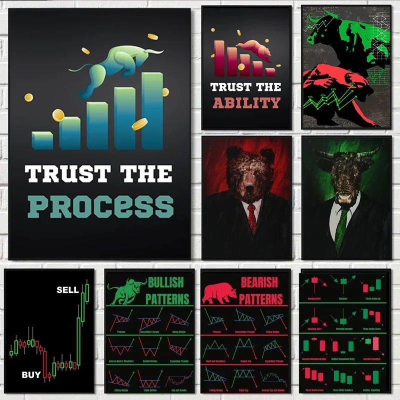 Neon Bulls&Bears Stock Market Trading Quotes Canvas Poster Trust The Process and Ability Wall Pictures Home Office Decor