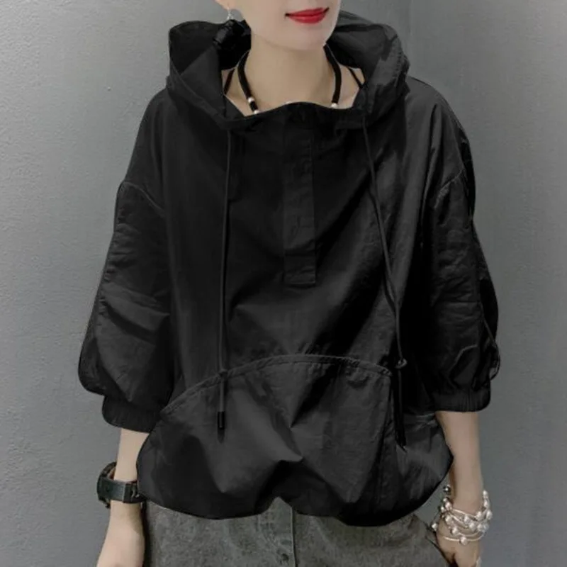 

Свободная модная шляпа с эффектом похудения, толстовка с простым дизайном, женский корейский топ из полиэстера, повседневная одежда, летняя футболка