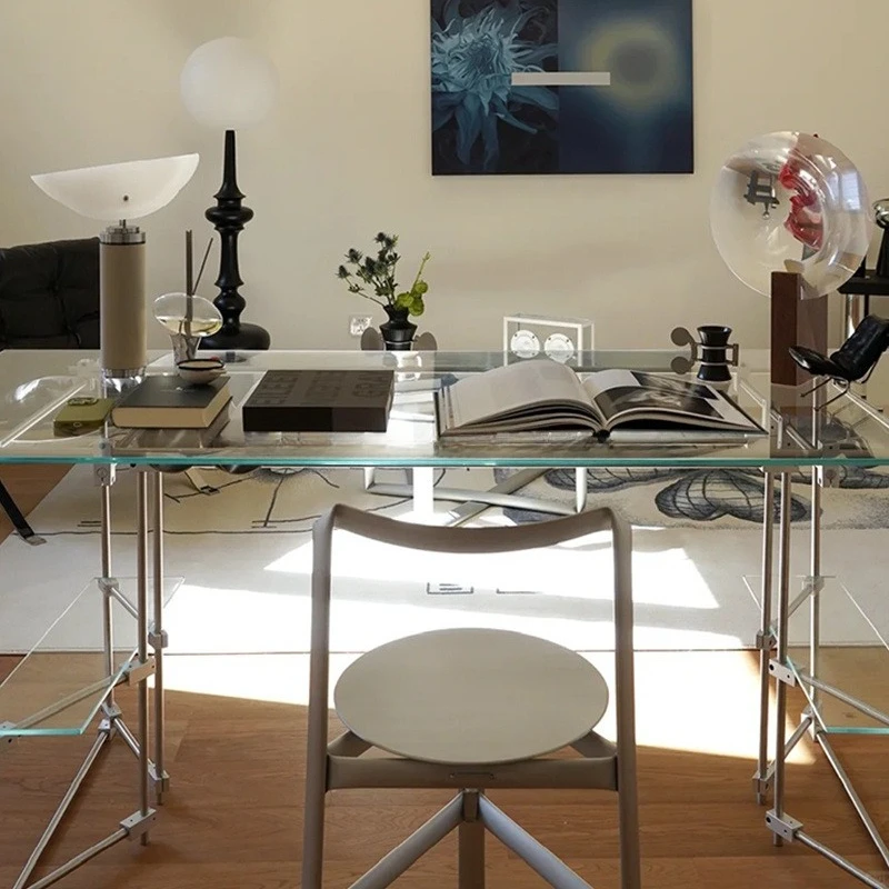 Transparent glass leisure table stainless steel office minimalist computer table conference table household rectangular desk din