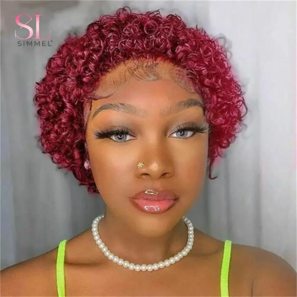 Curly Bob Peruca Curta para Mulheres, Perucas de Cabelo Humano, Onda de Água, Borgonha, Pixie Cut, 1B99j