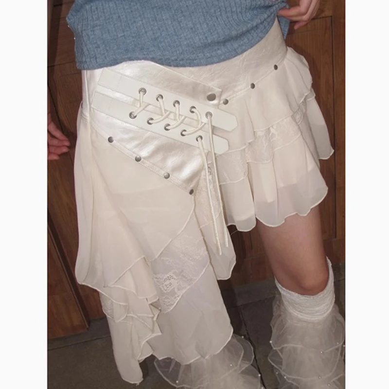 

Y2K Irregular White Mini Skirt Women Streetwear Grunge Ruffles Bandage Skirts Summer Gyaru Punk Korean Design A Line Faldas New