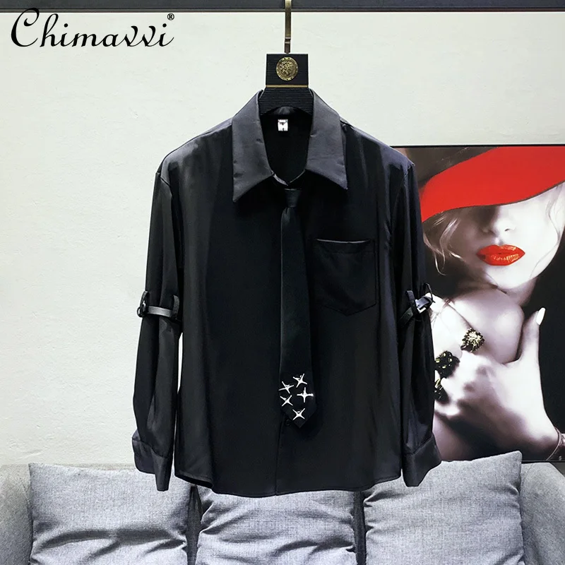 

Fashion Streetwear Casual Men's Shirt Top Polo Collar Tie PU Belt Long Sleeve Single Breasted Loose White Blouse Shirts For Men