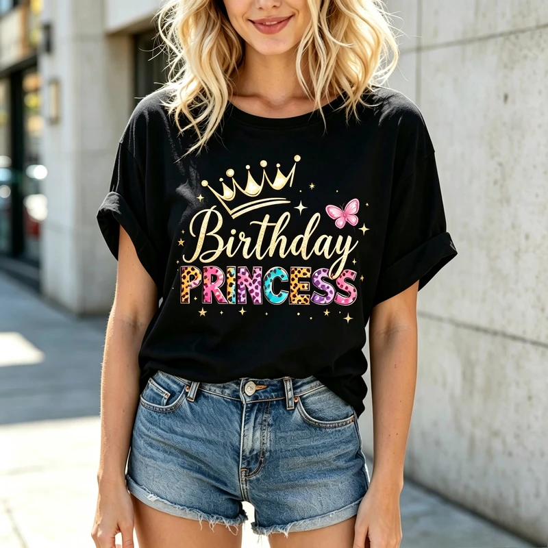 Birthday Princess Crown Butterfly Graphic T Shirt Women Birthday Party Celebration Sleeve Crewneck Casual Fashion Ladies Tee Top