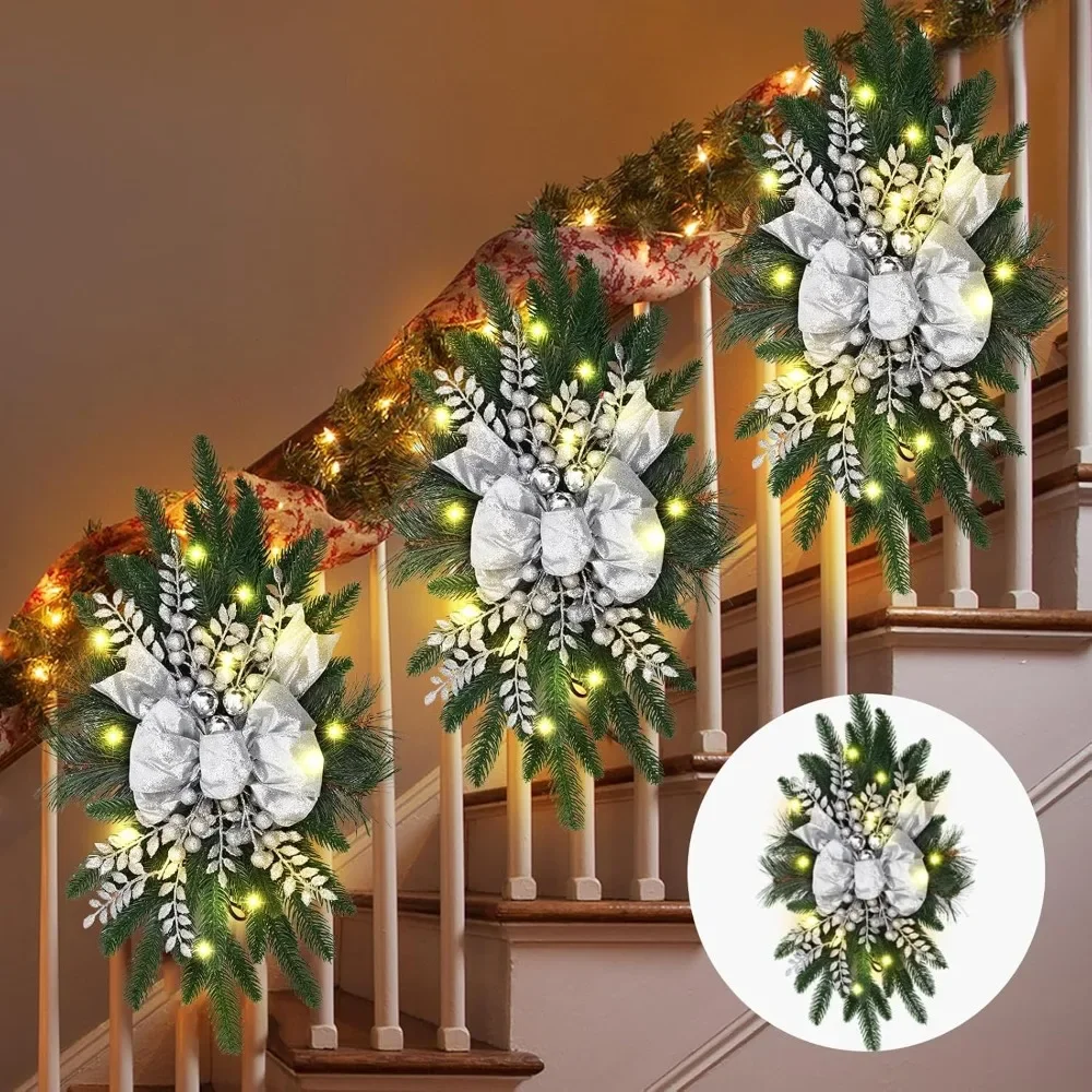 

3 Pack Christmas Artificial Swags 24" Xmas Door Stair Swags Teardrop Swag Cordless Prelit Christmas Stairway Decoration w