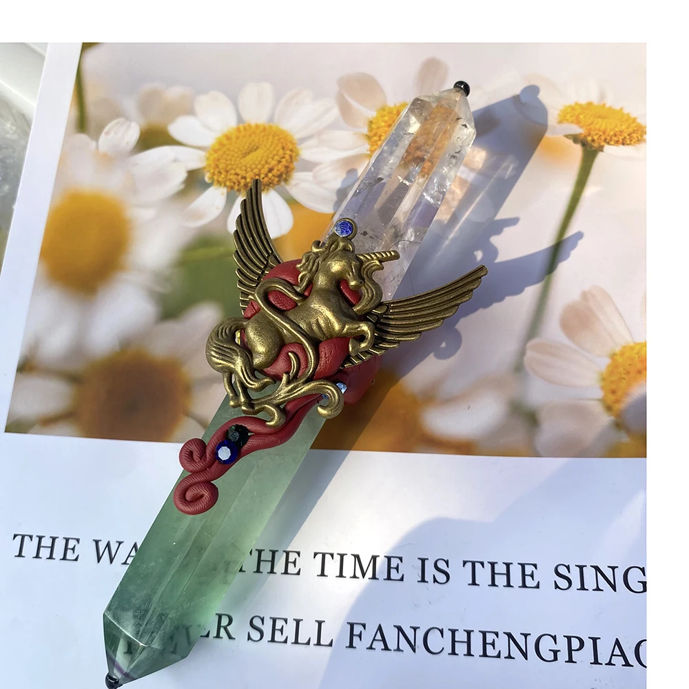 Handmade Alloy Flying Unicorn Natural Green Fluorite Clear Quartz Point Magic Wand Healing Ornament For Home Decor