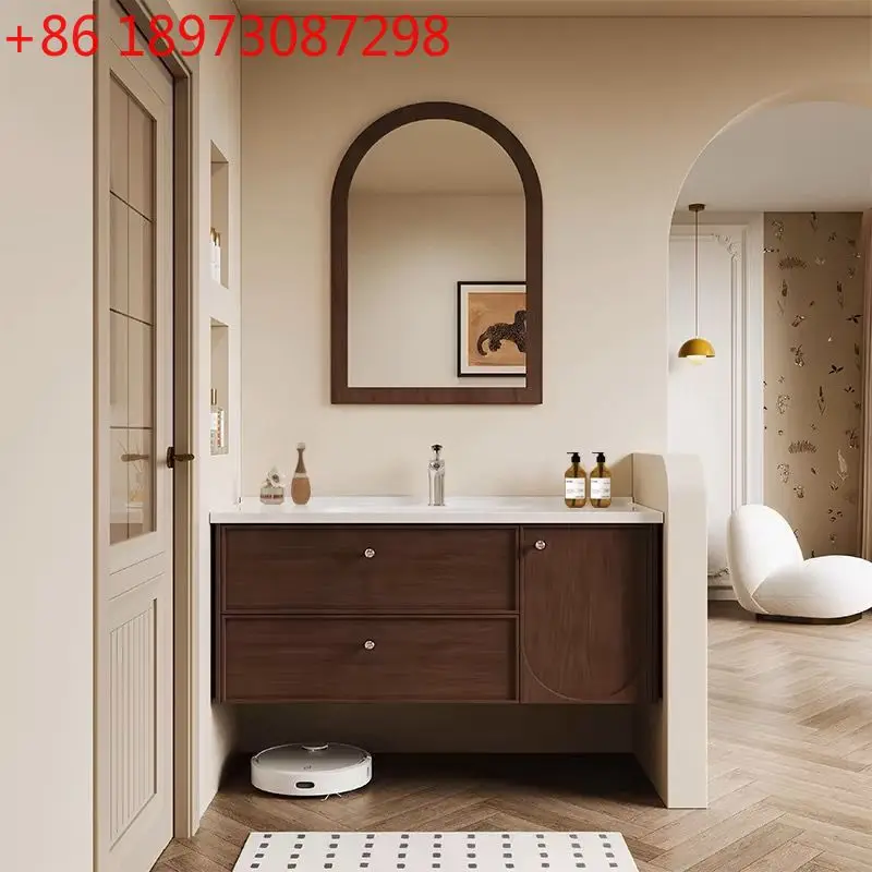 

Средневековый ретро шкаф для ванной комнаты, комбинированный керамический интегрированный умывальник, дубовая краска, умывальник для ванной комнаты