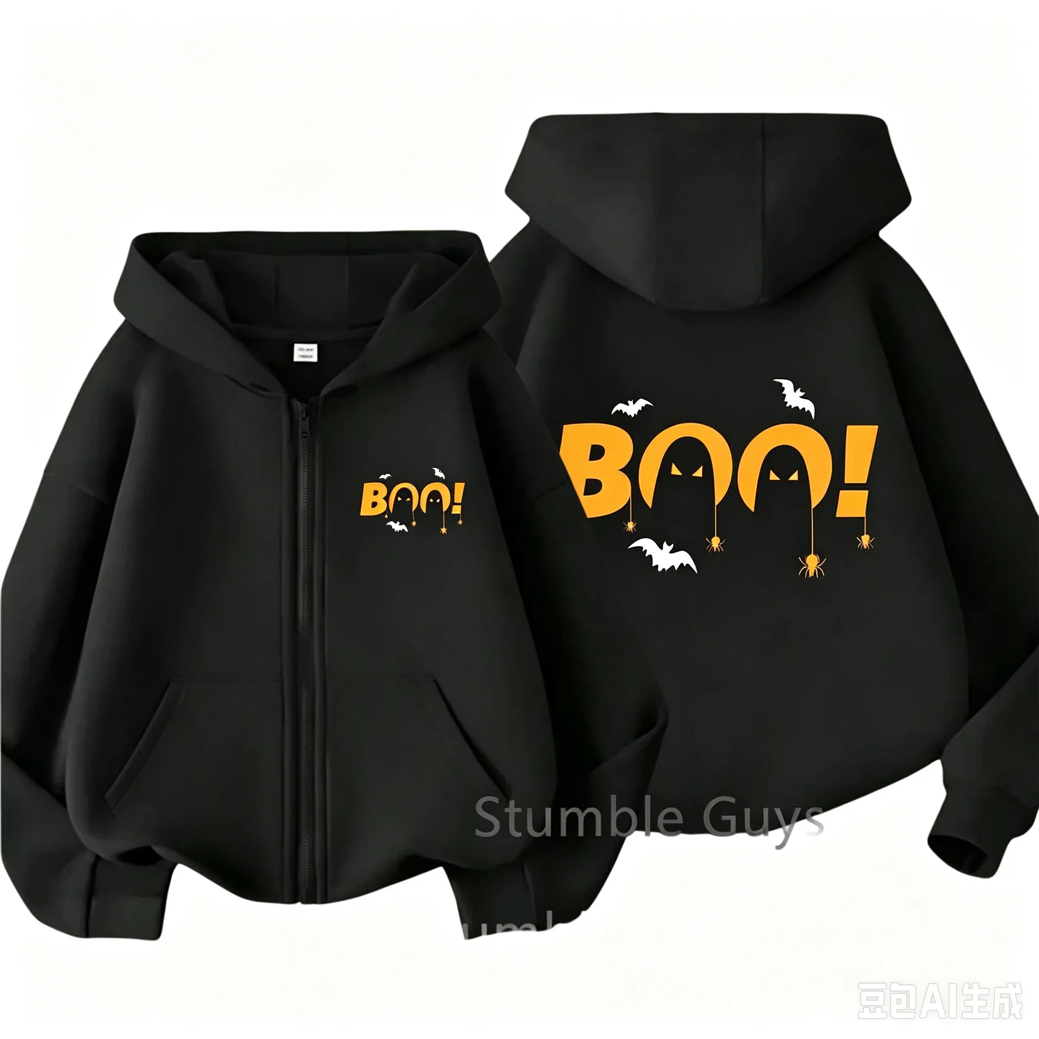 Kids Boo Zip Hoodie Minimalist Spooky Ghost Bat And Spider Elements Print Long Sleeve Casual Hooded Sweatshirt Jacket