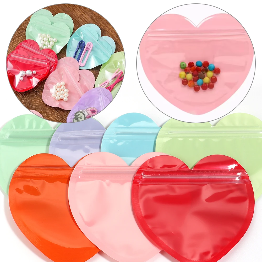 20pcs 10x10cm Coloful Heart Shape OPP Self Sealing Bag Jewelry Display Storage Bag Colorful Candy Cookie Gift Packaging Bag