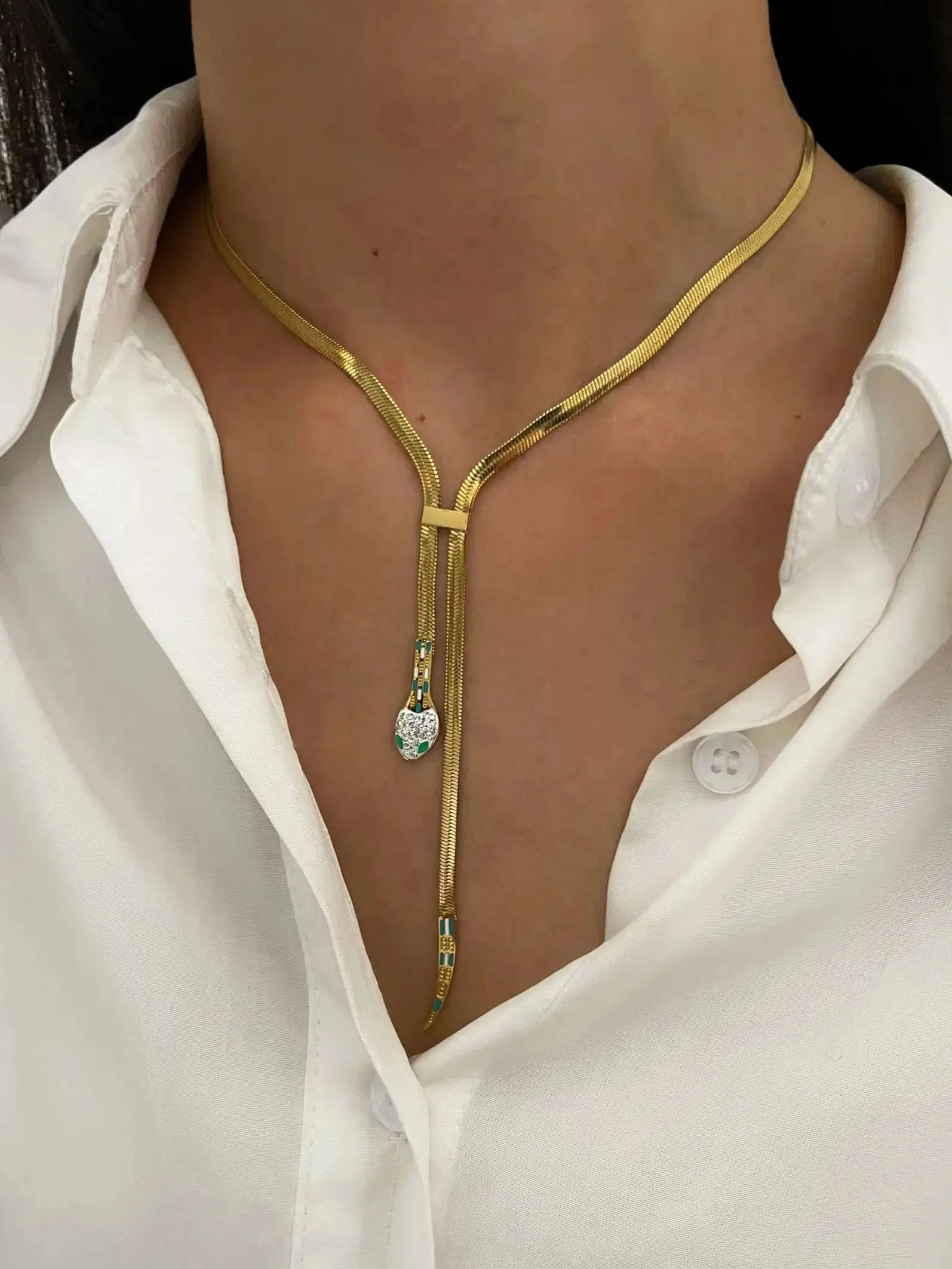 Peri'sbox Dainty Clear Rhinestone Solid Gold Plated Flat Snake Chain Tassel Necklace Stainless Steel Wodoodporna biżuteria damska — zdjęcie 2