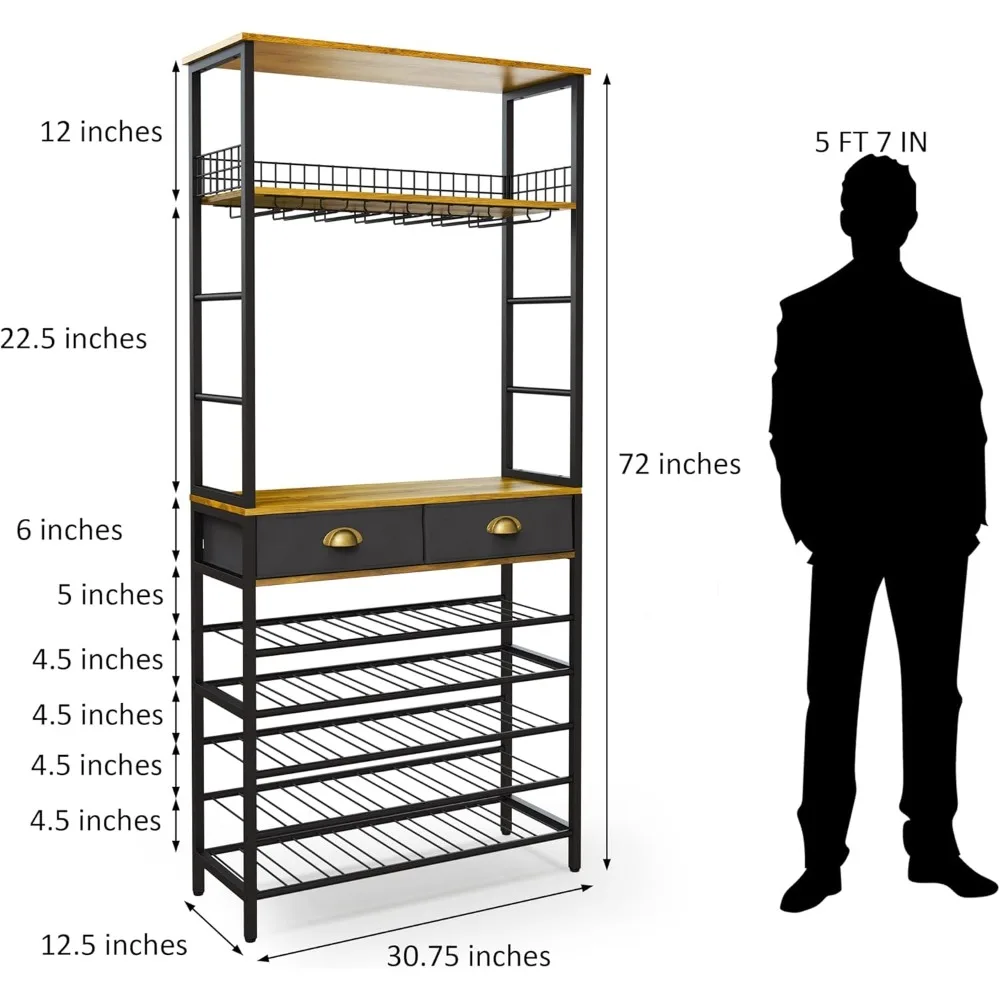 Wine Rack Freestanding Floor with Wine Glasses Holder, Liquor Cabinet Bar for Home, 2 Storage Drawers, Bar Cabinet