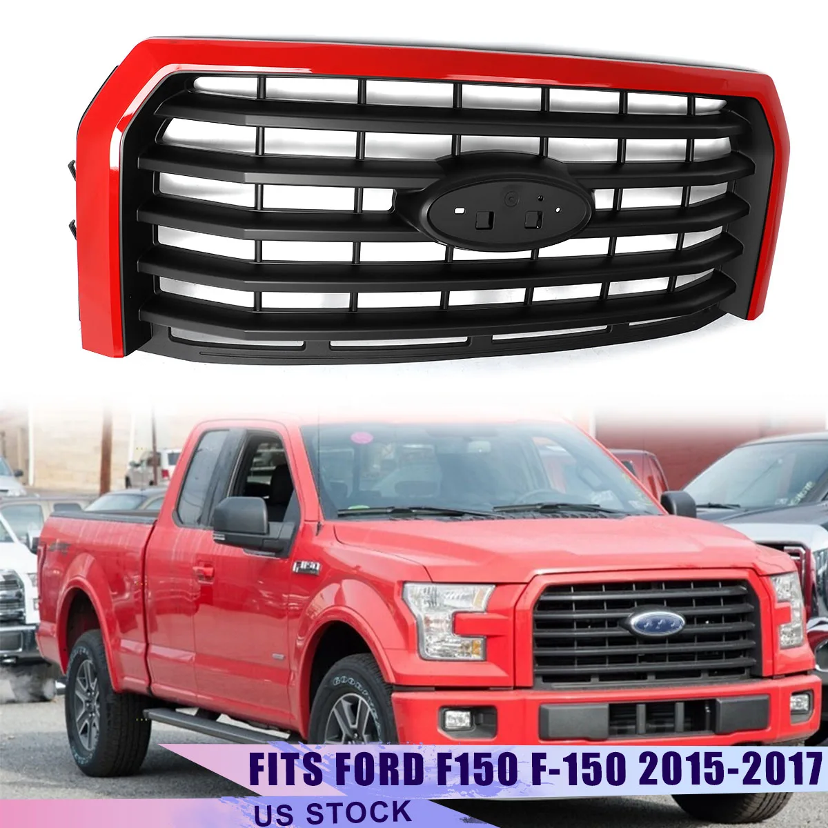 Front Grille Assembly Modified For 2015 2016 2017 Ford F150 F-150 Grills Front Bumper Upper Grille Race Red PQ Horizontal Grills