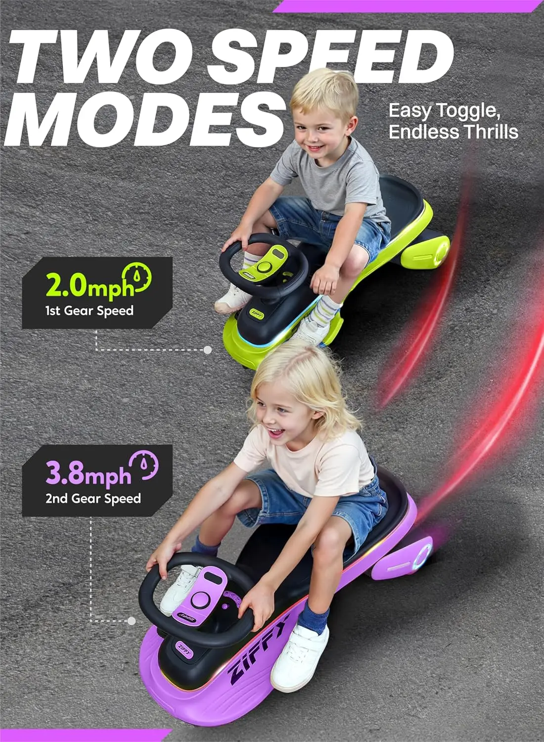 JOYFY 6V 5.5A Electric Wiggle Car with Pedal Light-Up Rechargeable Battery 2-in-1 Swing Car 2 Speed Ride-On for Kids Ages 3+