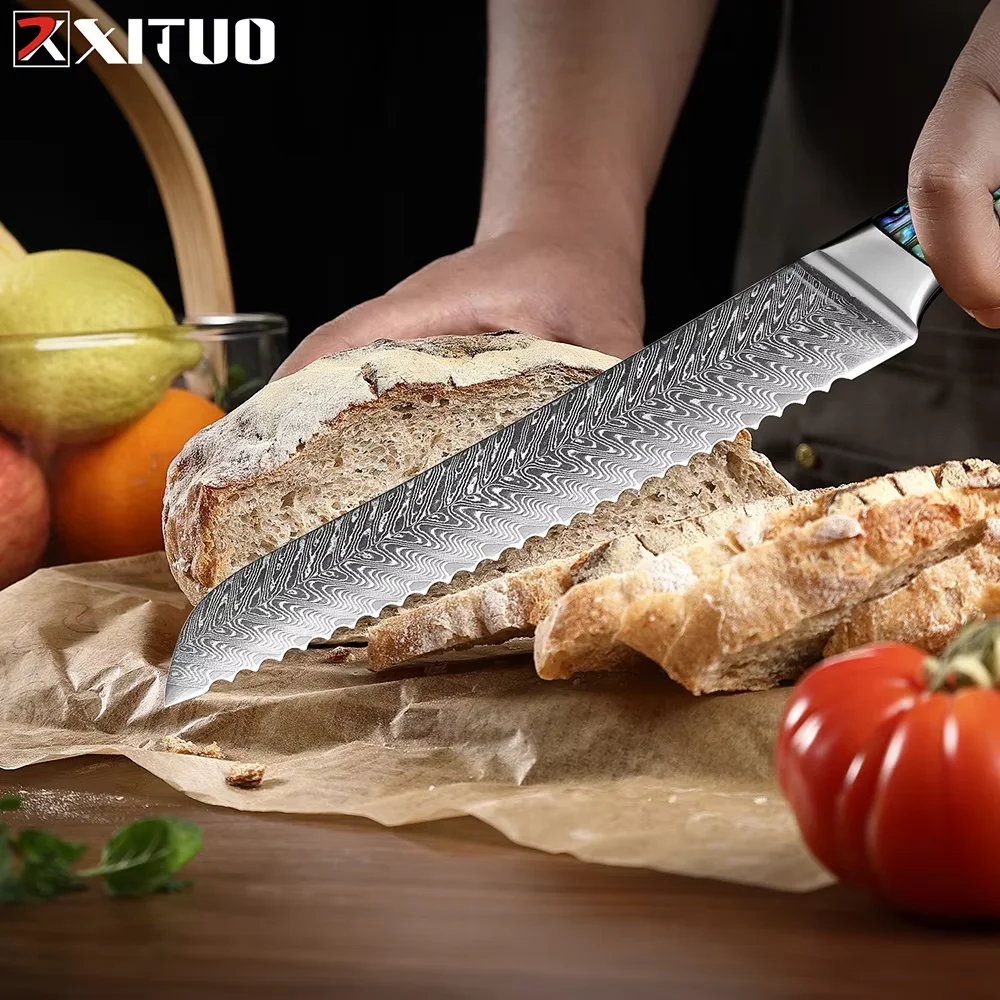 

Japanese Kitchen Knife Bread Knife 8 Inch Damascus 67-Layer Steel Professional Serrated Bread Knife for Sourdough, Baguette,Cake