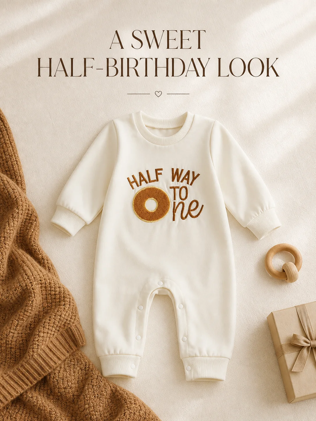 Baby Half Birthday Romper Jumpsuit Long Sleeve Crew Neck Donut Embroidery Snap Crotch Infant One‑Piece Outfit For 3‑12M 5