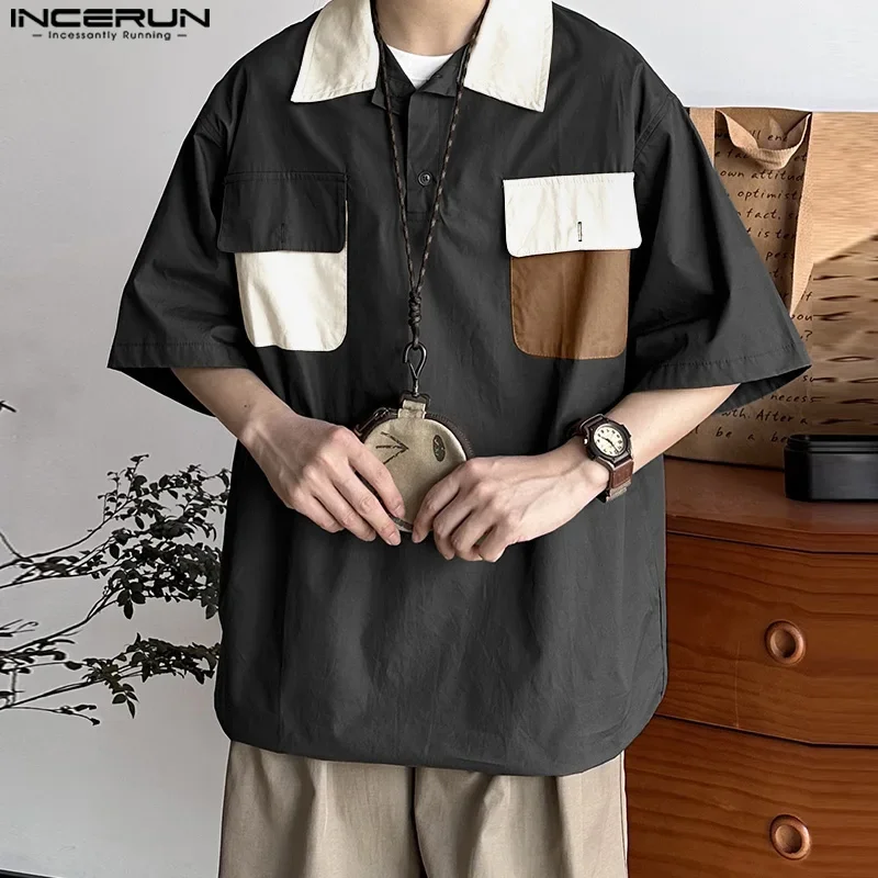 

INCERUN Men Shirt Patchwork Lapel Short Sleeve Button Loose Men Clothing Summer Korean Style Streetwear 2025 Casual Male Shirts