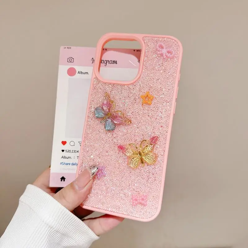 الفاخرة الملونة فراشة بريق حجر الراين جراب هاتف آيفون 16 15 14 13 12 11 برو ماكس زائد لامعة للصدمات الغطاء الخلفي