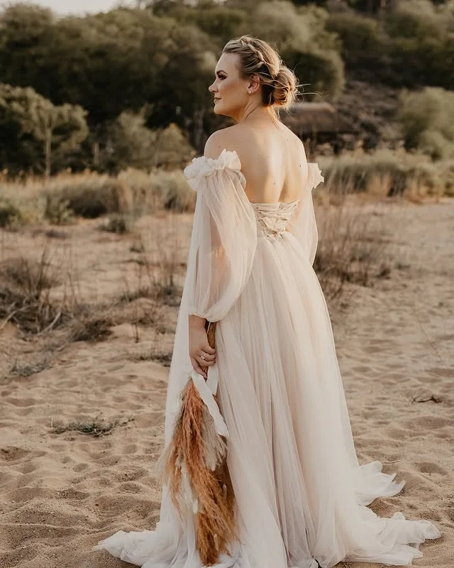 Weißes schulterfreies Abendkleid, sexy rückenfrei, Tüll, Rüschen, lange Ärmel, Abendkleider, bodenlanges Hochzeitskleid