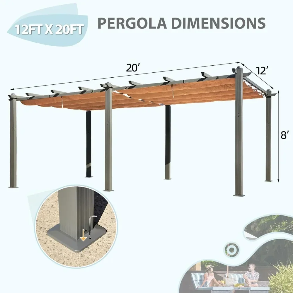 Pergola, Aluminum Pergola with Retractable Canopy (12x20FT, Beige)