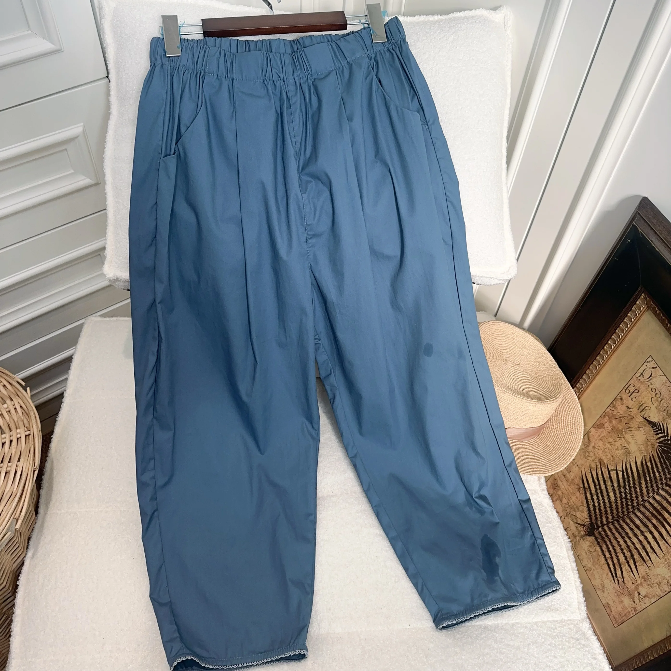 

Повседневные женские брюки из смесового хлопка с кружевной отделкой, универсальные, прямого кроя, с высокой талией, на молнии, длина 9 дюймов