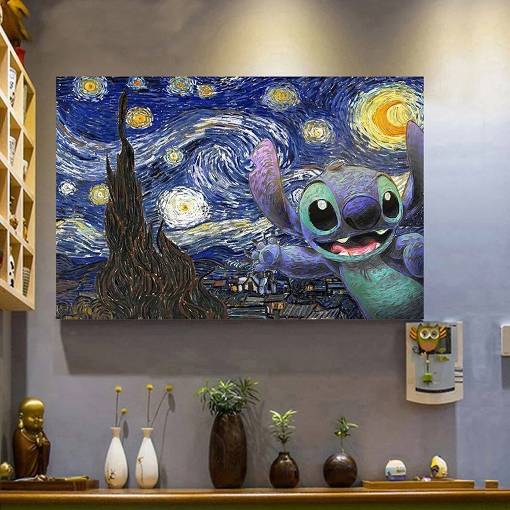 

Disney Stitch Starry Night Van Gogh Poster Canvas Painting Cartoon Wall Art Picture Prints For Living Room Decor Home Decoration