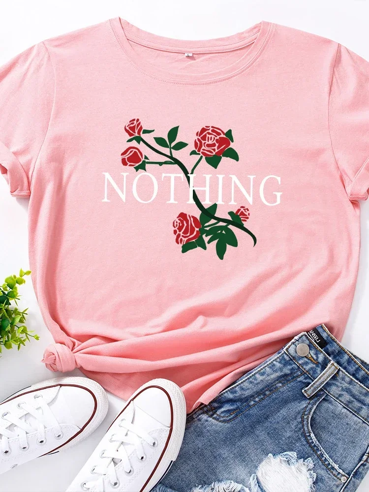 Nic nadruk z różą T-Shirt z okrągłym dekoltem luźna koszulka damska z krótkim rękawem letnia damska casual teshirt topy Camisetas Mujer