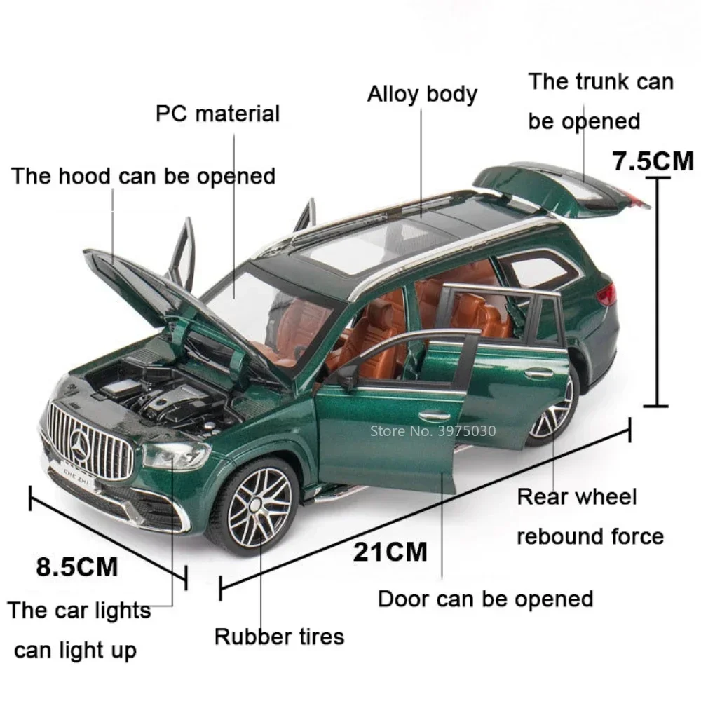 Model samochodu GLS63 E300eL w skali 1:24, odlewany z metalu, zabawka, symulacja pojazdu, model z efektem pull-back, dźwiękiem i światłem, prezent dla dzieci.