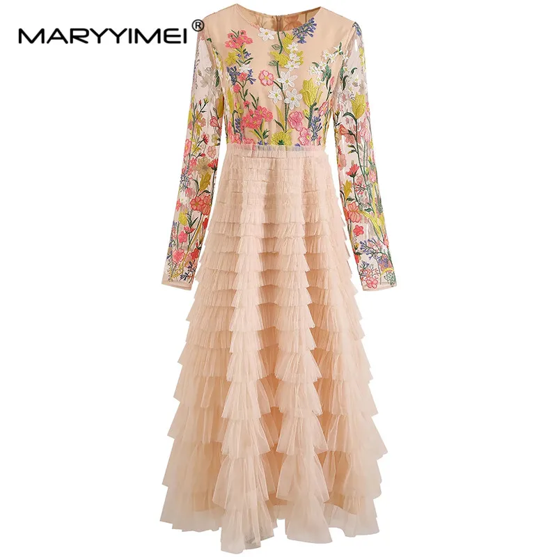 MARYYIMEI Fashion Designer Spring Summer Women's dress Long sleeved Flower embroidery Patchwork Mesh Tiered ruffles Dresses