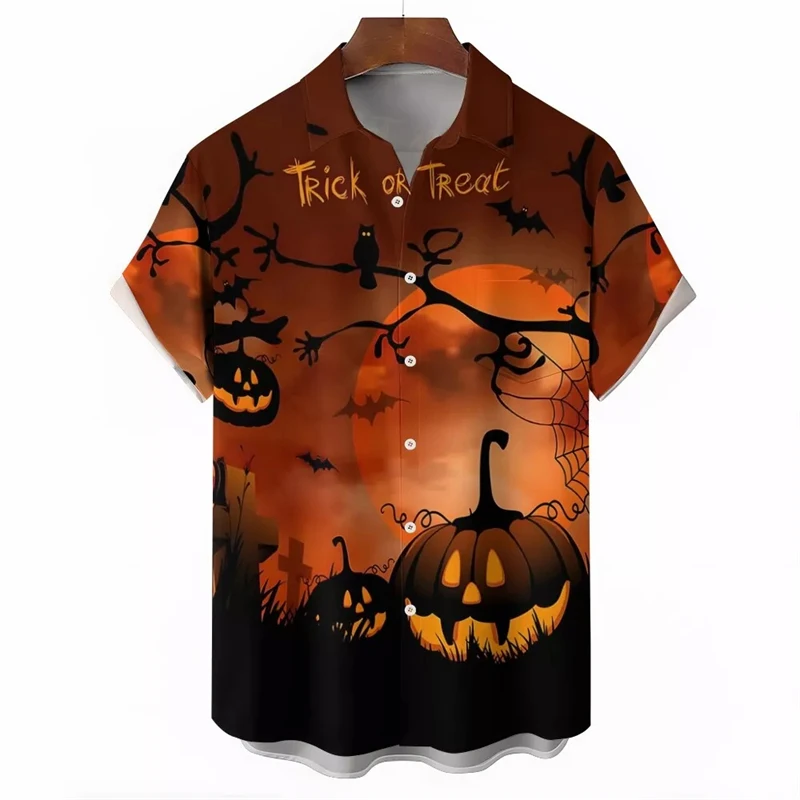 Halloween Theme 3D Printed Shirt Men's Clothes Witch Castles Pumpkin Lantern Design Shirts Night Streetwear Short Sleeves Blouse