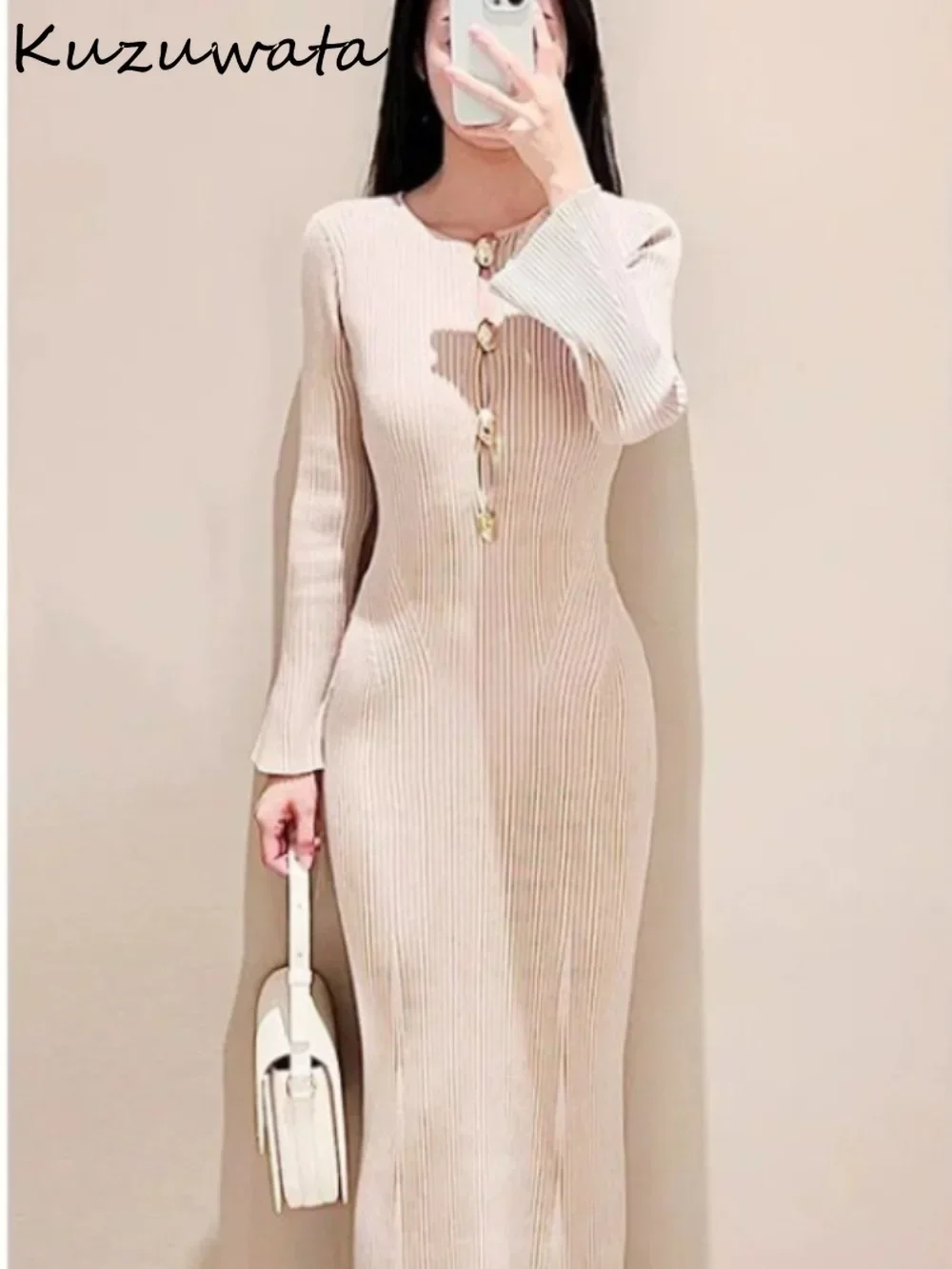 Kuzuwata Feminine Slim Fit O Neck Flare Sleeve Mujer Knit Button Mermaid Mid-length Robe Japan Minority Hong Kong Style Dress