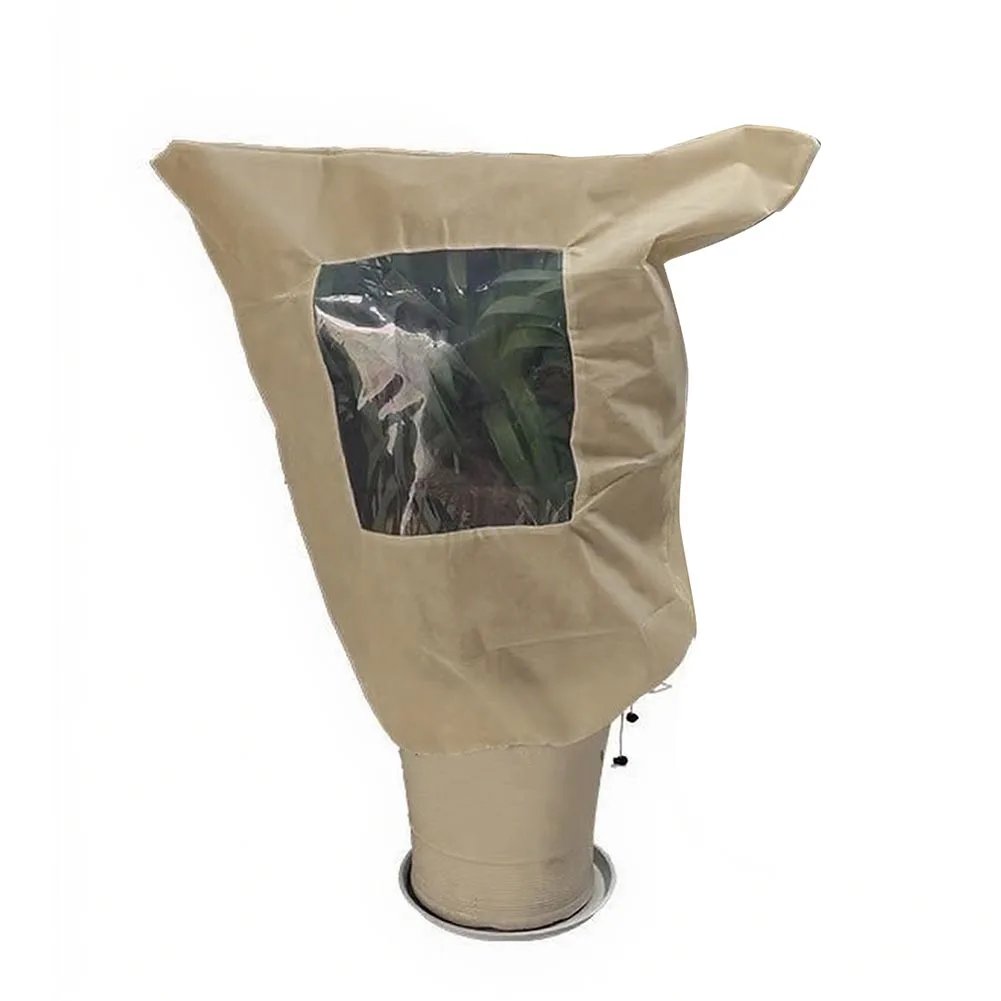 Beige plant frost cover zipper drawstring nonwoven fabric multiple sizes for winter plant protection and sunlight exposure