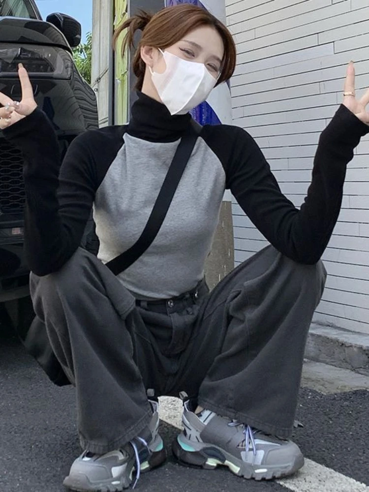 Outono inverno novo y2k cor bloqueando blusas de malha roupas femininas moda elegante magro topos vintage quente pulôveres de gola alta