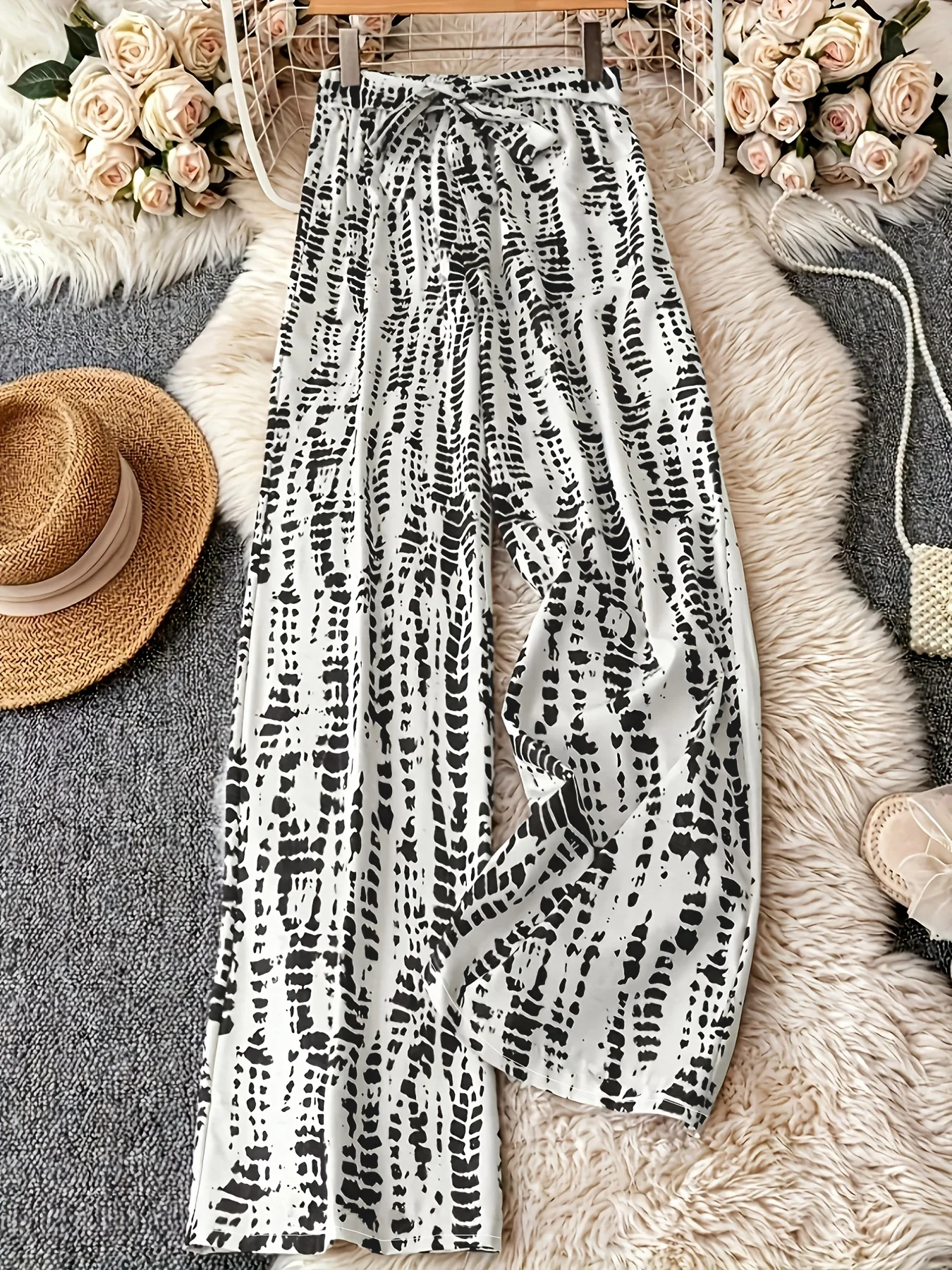 

Женские тканые повседневные брюки большого размера, удобные свободные брюки с прямыми штанинами и высокой талией