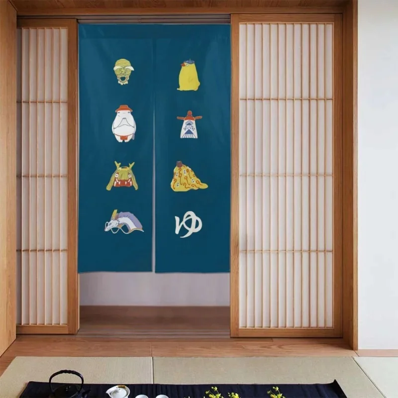 VIKAMA Fantasy Creature Door Curtain Dark Blue Base Cartoon Monster Print Noren Curtain for Room Kitchen Entrance Decor