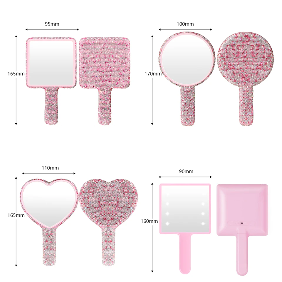 Diamond Handheld Makeup Mirror Love Heart Mirror Female Handle Makeup Cosmetic Beauty Tools Handheld Vanity Led Light Mirror