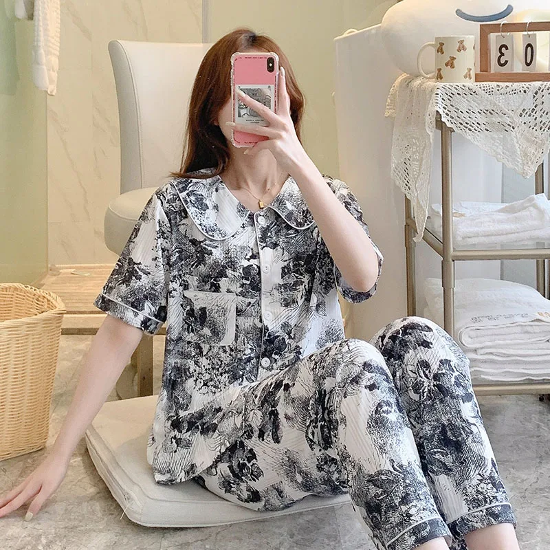 Summer Milk Silky Pit Stripe Doll Neck Cardigan Short Sleeve Long Pants Pajamas Women's Oil Painting Casual Set Home Furnishing