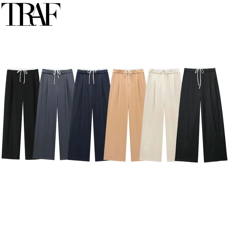 TRAF Women Pants Pleated Baggy Women's Formal Trousers High Waist Summer Wide Fluid Pants Woman Office Wear Casual Black Pants