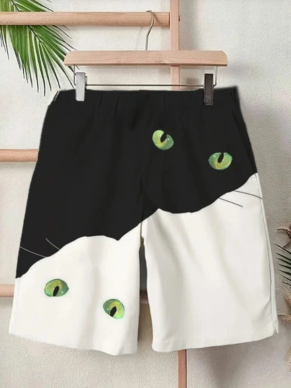 

Summer men's casual beach pants with cartoon cat 3D printouts outdoor quick-drying casual fitness and sports shorts for swimming