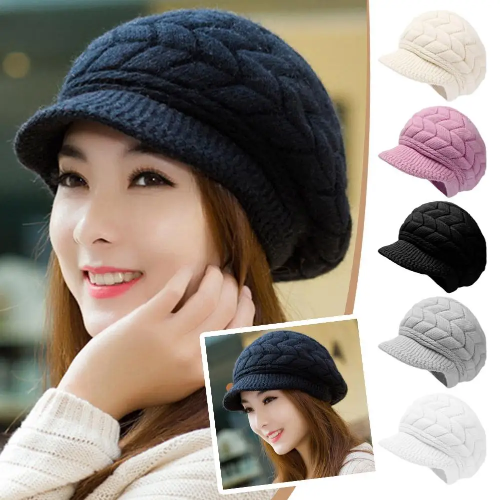 Women's Winter Solid Color Warm Knit Loose Beret Casual Ear Hat Knit Velvet Peaked Guards Version Beret Plus Korean Thick S W9t1