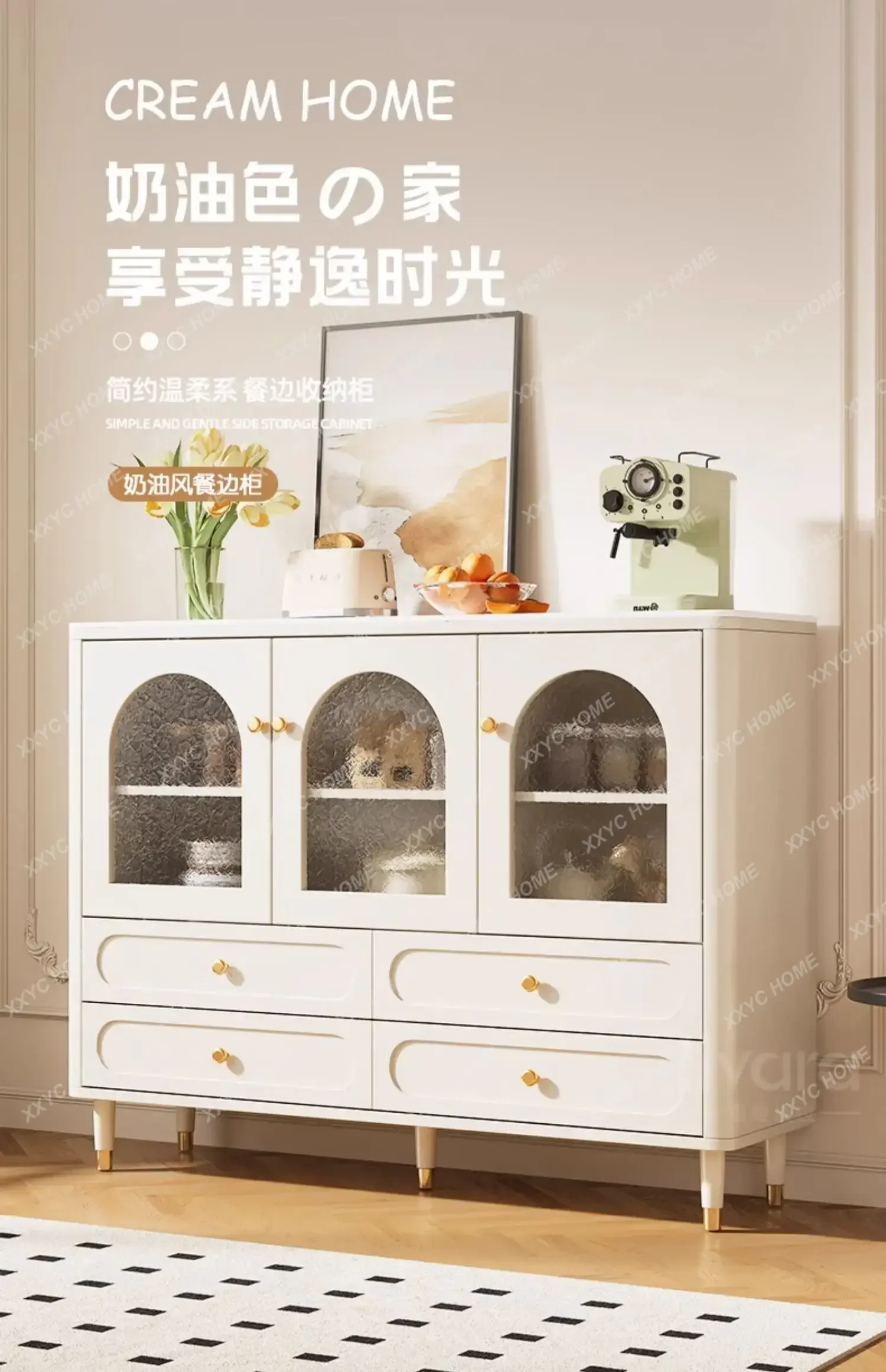 Cream wind solid wood dining side cabinet integrated against the wall household slate kitchen cabinet